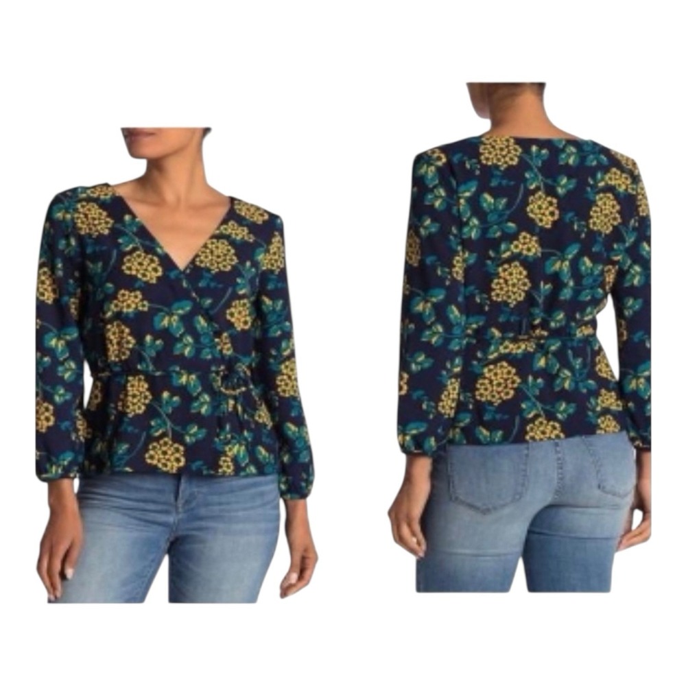 J Crew Womens True Wrap Around Top Navy Blue Yellow Floral Smallwith 3/4 sleeves